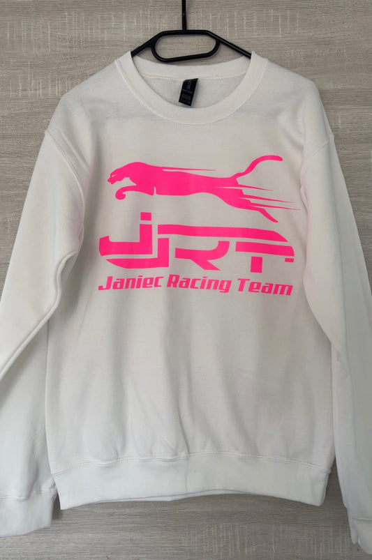 Pull blanc flocage rose fluo